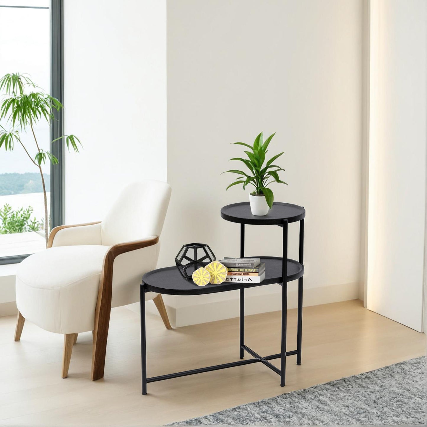 2-Tier End Table Round and Oval Sofa Side Table Overbed Bedside Table for Patio and Living Room Bedroom Medical Food Tray Table