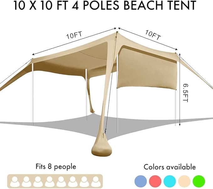 Beach Canopy Tent Shade 10x10Ft UPF50+ Windproof Water Resistant