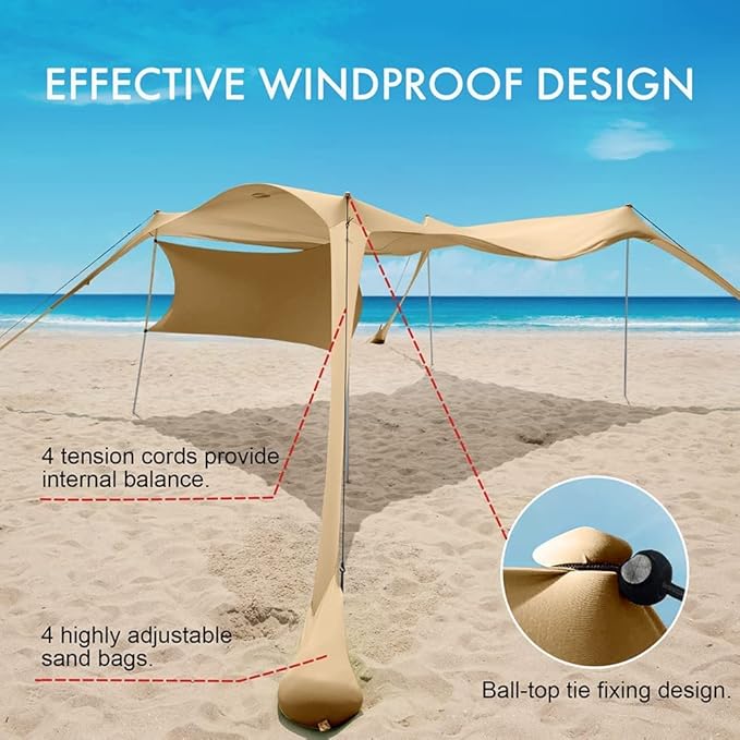 Beach Canopy Tent Shade 10x10Ft UPF50+ Windproof Water Resistant