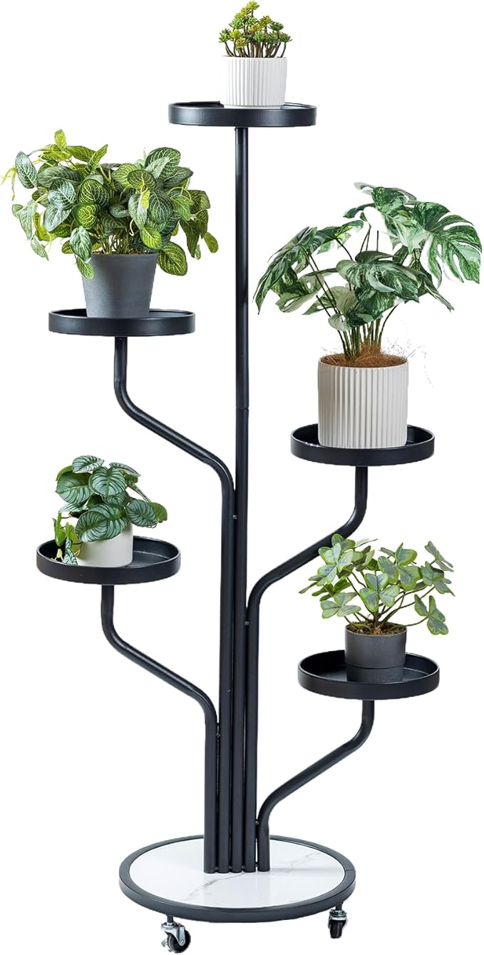5 Tier Indoor Plant Stand Rolling Metal Shelf Wrought Iron Display