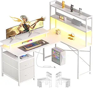 L Shaped Gaming Desk with Shelves LED Lights Charging Station Home Office