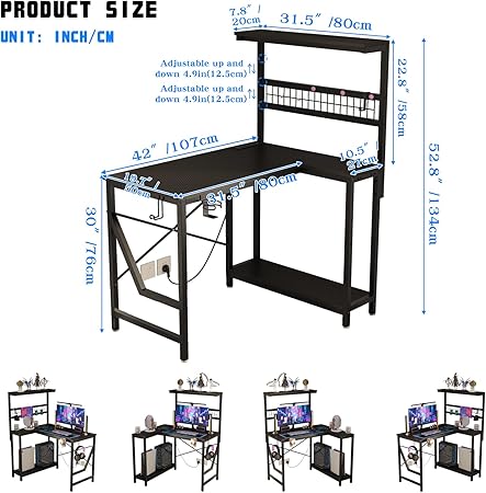 42 Inch L Shaped Gaming Desk with Power Outlets LED Lights Cup Holder