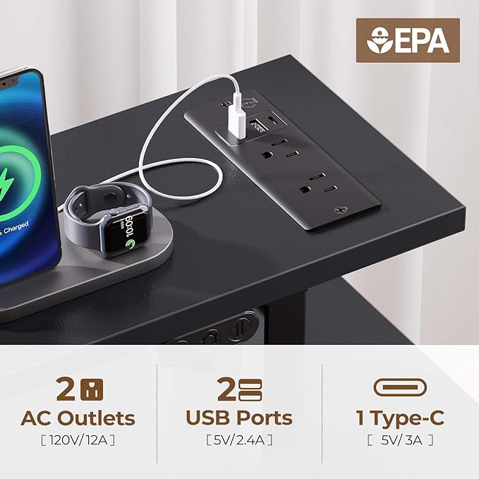 Computer Desk with LED Lights and Power Outlets for Home Office