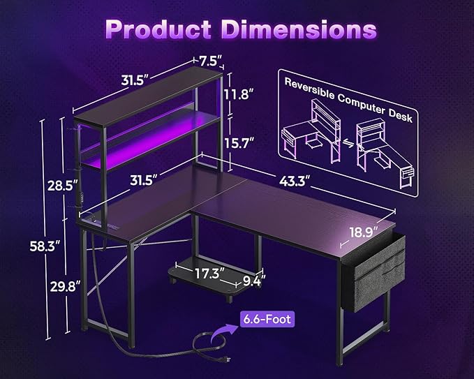 L Shaped Desk with LED Lighting Gaming Desk with Power Outlets Storage