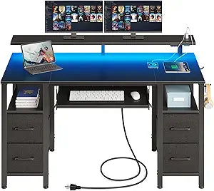 Computer Desk with LED Lights and Power Outlets for Home Office