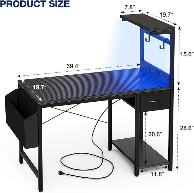 Gaming Desk with Power Outlet LED Light Reversible Shelves Storage Drawer