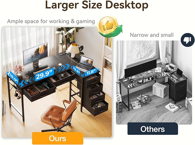 L Shaped Desk With Drawers Power Outlets Reversible Home Office Desk