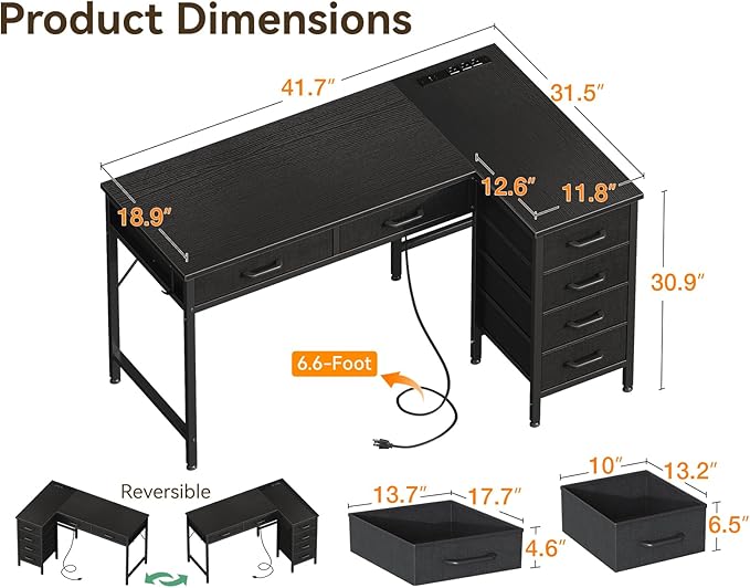L Shaped Desk With Drawers Power Outlets Reversible Home Office Desk