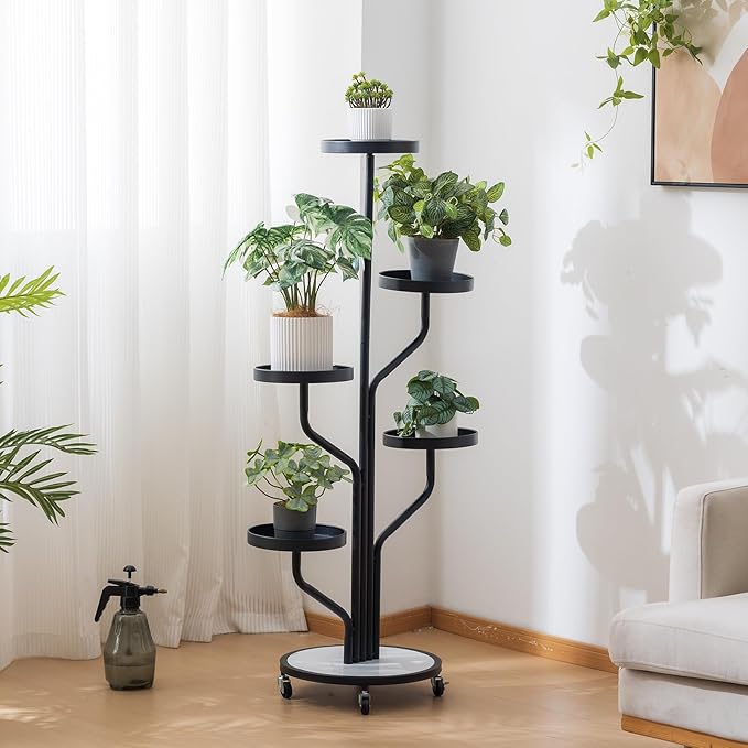 5 Tier Indoor Plant Stand Rolling Metal Shelf Wrought Iron Display