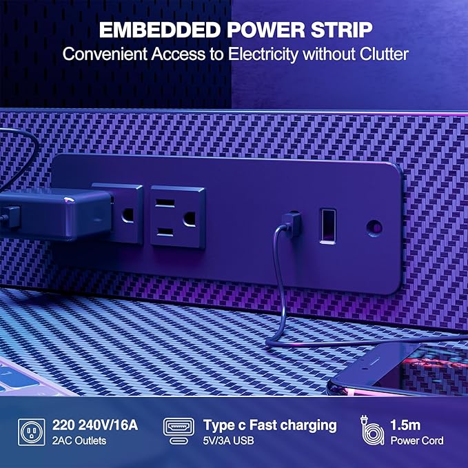 Gaming Desk with Power Outlet LED Light Reversible Shelves Storage Drawer