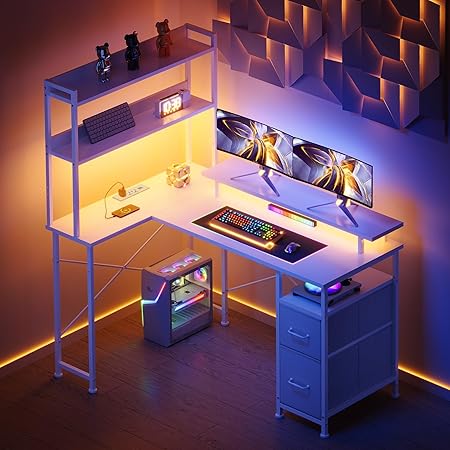 L Shaped Gaming Desk with Shelves LED Lights Charging Station Home Office