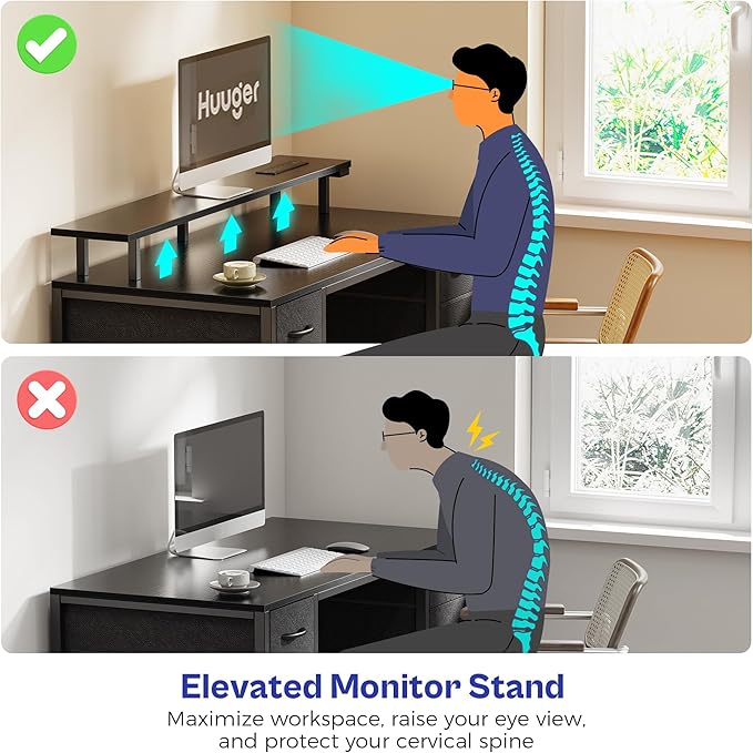 Ljustra 47 Inch Computer Desk with 4 Drawers LED Lights Power Outlets