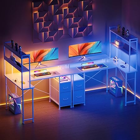 L Shaped Gaming Desk with Shelves LED Lights Charging Station Home Office