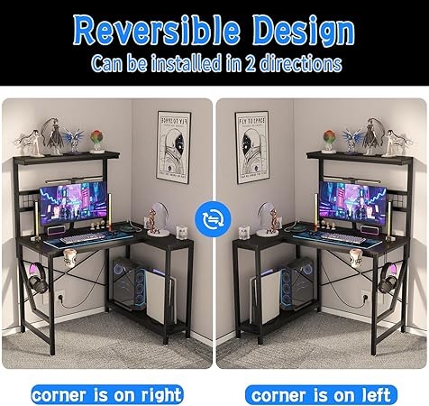 42 Inch L Shaped Gaming Desk with Power Outlets LED Lights Cup Holder