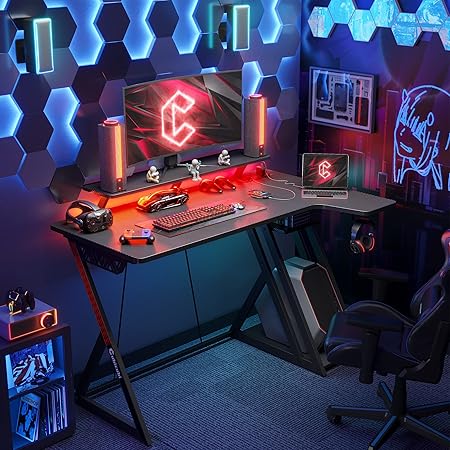 Aurora Gaming Desk L Shaped with LED Lights Power Outlets Storage Shelves