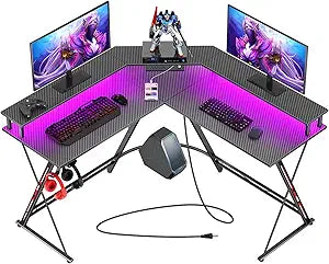 L Shaped Gaming Desk With LED Lights Power Outlets Monitor Stand