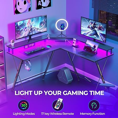 L Shaped Gaming Desk With LED Lights Power Outlets Monitor Stand