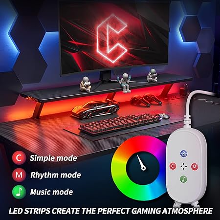 Aurora Gaming Desk L Shaped with LED Lights Power Outlets Storage Shelves