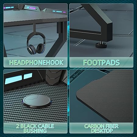 Gaming Desk With LED Lights Z Shaped Carbon Fiber Surface 40H Workstation