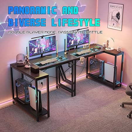 42 Inch L Shaped Gaming Desk with Power Outlets LED Lights Cup Holder