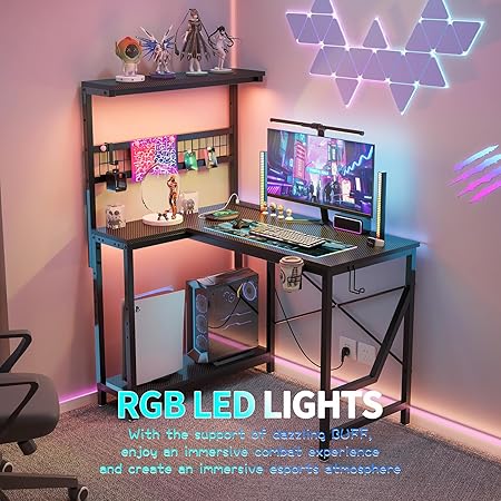 42 Inch L Shaped Gaming Desk with Power Outlets LED Lights Cup Holder