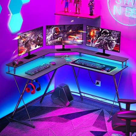 L Shaped Gaming Desk With LED Lights Power Outlets Monitor Stand