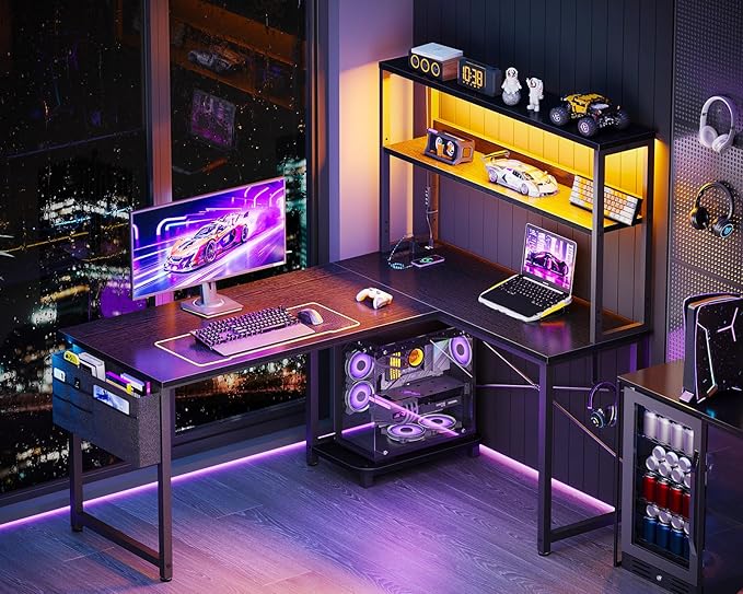 L Shaped Desk with LED Lighting Gaming Desk with Power Outlets Storage