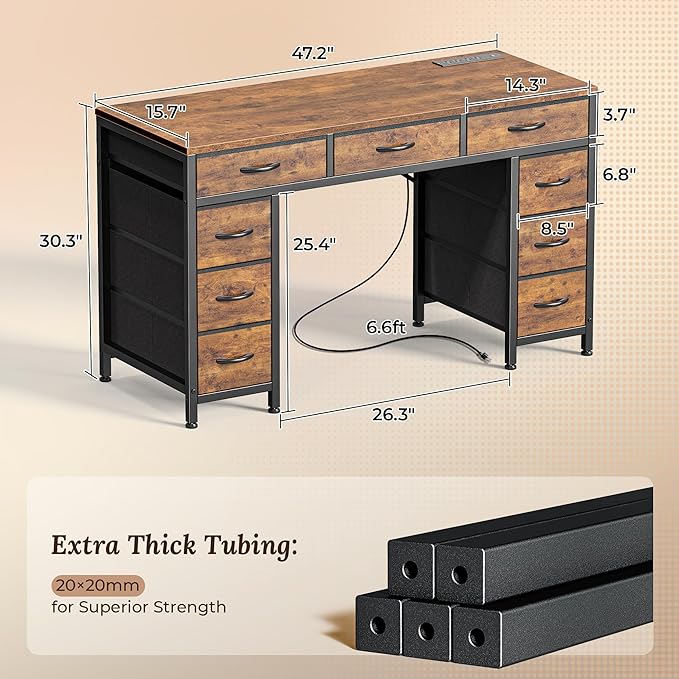 47 Inch Office Desk with Outlets and 9 Fabric Drawers for Home Office