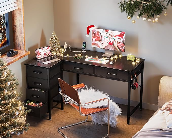 L Shaped Desk With Drawers Power Outlets Reversible Home Office Desk