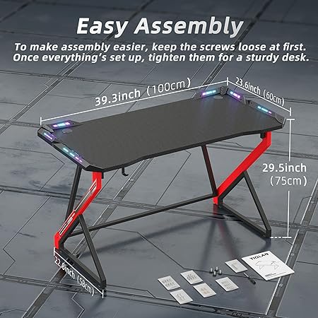 Gaming Desk With LED Lights Z Shaped Carbon Fiber Surface 40H Workstation