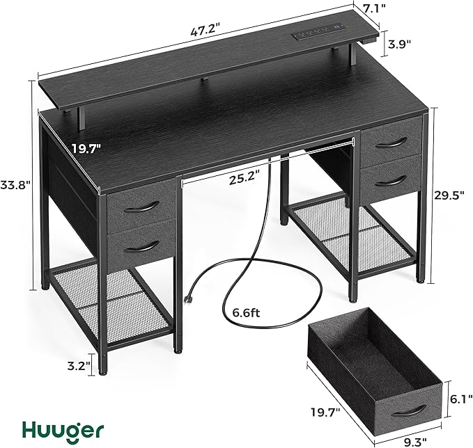 Ljustra 47 Inch Computer Desk with 4 Drawers LED Lights Power Outlets