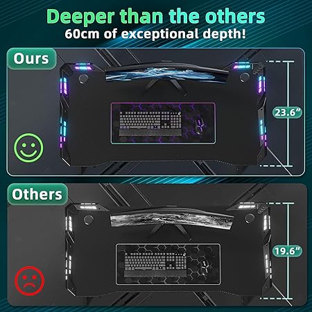 Gaming Desk With LED Lights Z Shaped Carbon Fiber Surface 40H Workstation