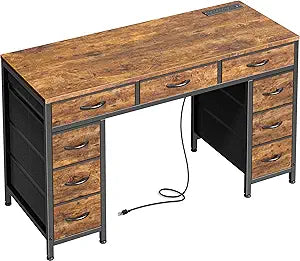 47 Inch Office Desk with Outlets and 9 Fabric Drawers for Home Office