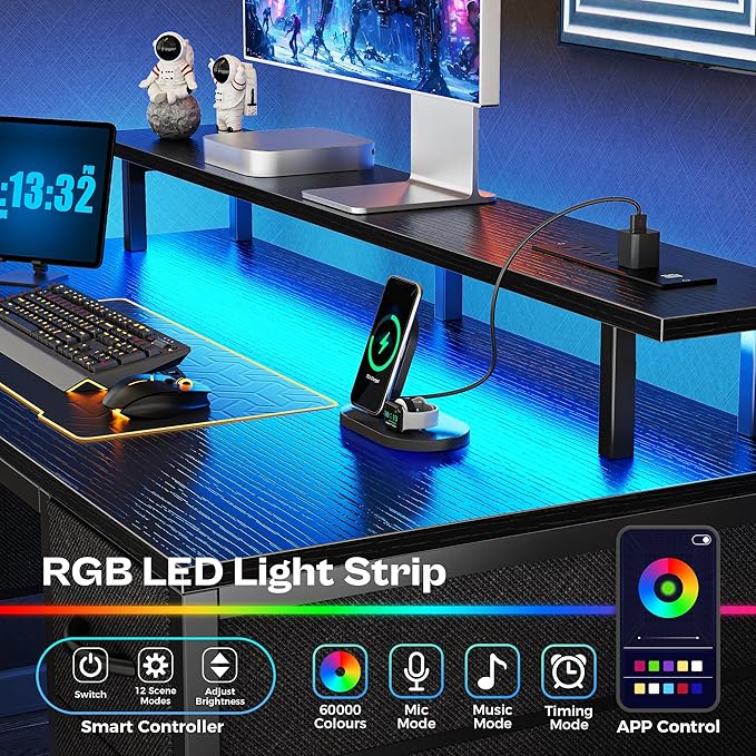 Ljustra 47 Inch Computer Desk with 4 Drawers LED Lights Power Outlets