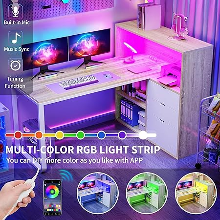 L Shaped Desk with Drawers Power Outlets USB LED Lights Home Office