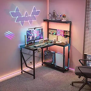 42 Inch L Shaped Gaming Desk with Power Outlets LED Lights Cup Holder