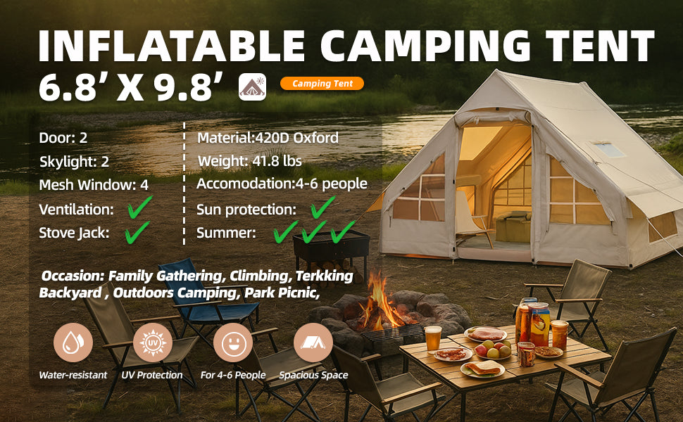 9.8x7 Inflatable Camping Tent 4-6 Person All-Season Blow Up Tent