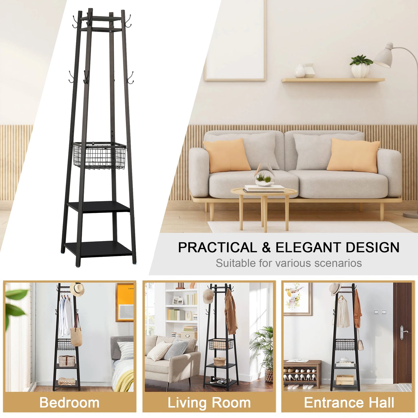 Ljustra Freestanding Coat Rack Stand with 8 Hooks for Living Room