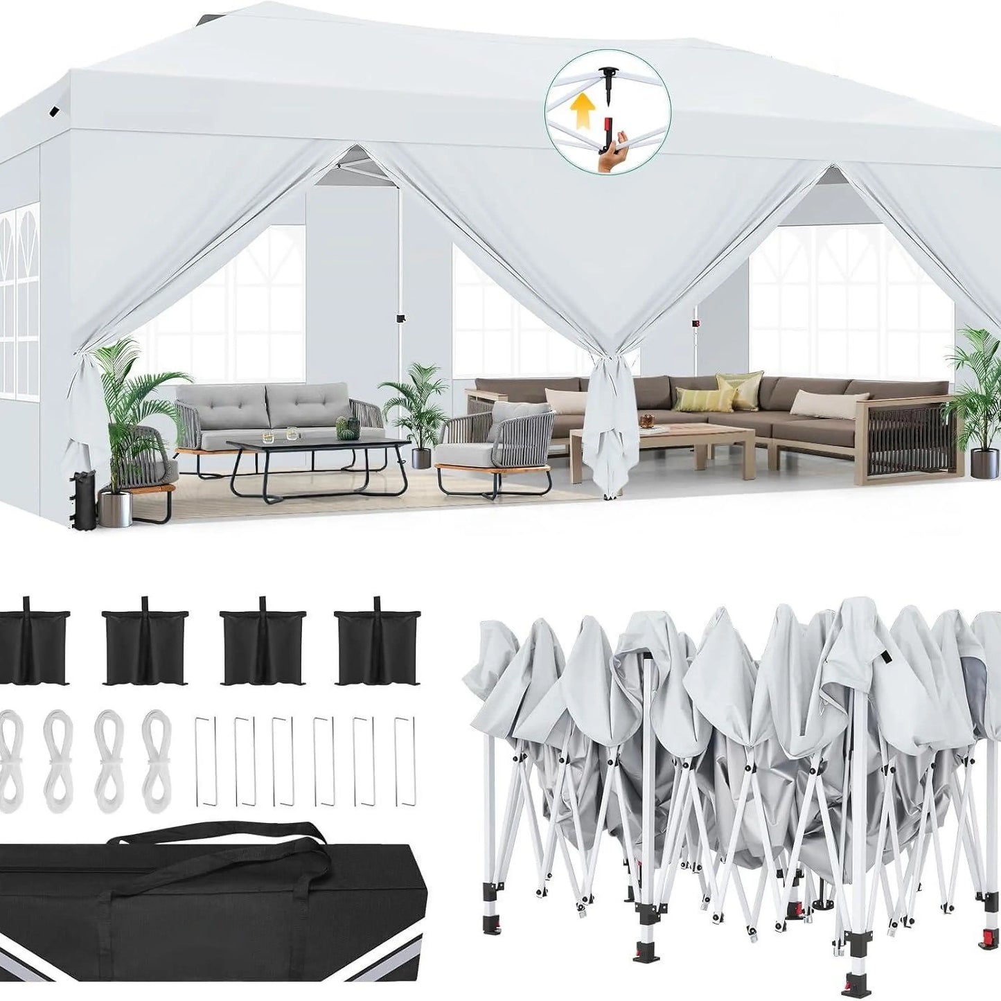 10x20ft Commercial Grade Canopy Tent with Quick-Lock System & Walls