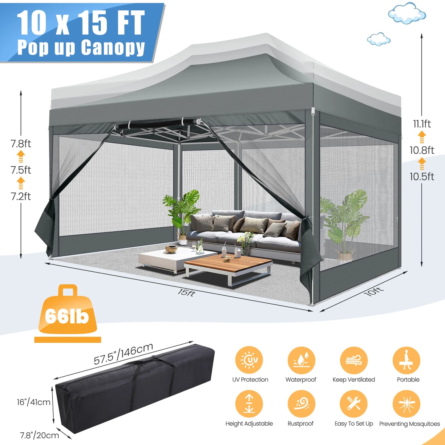 Heavy Duty 10x15 FT Pop Up Canopy Tent with Mosquito Netting Sidewalls