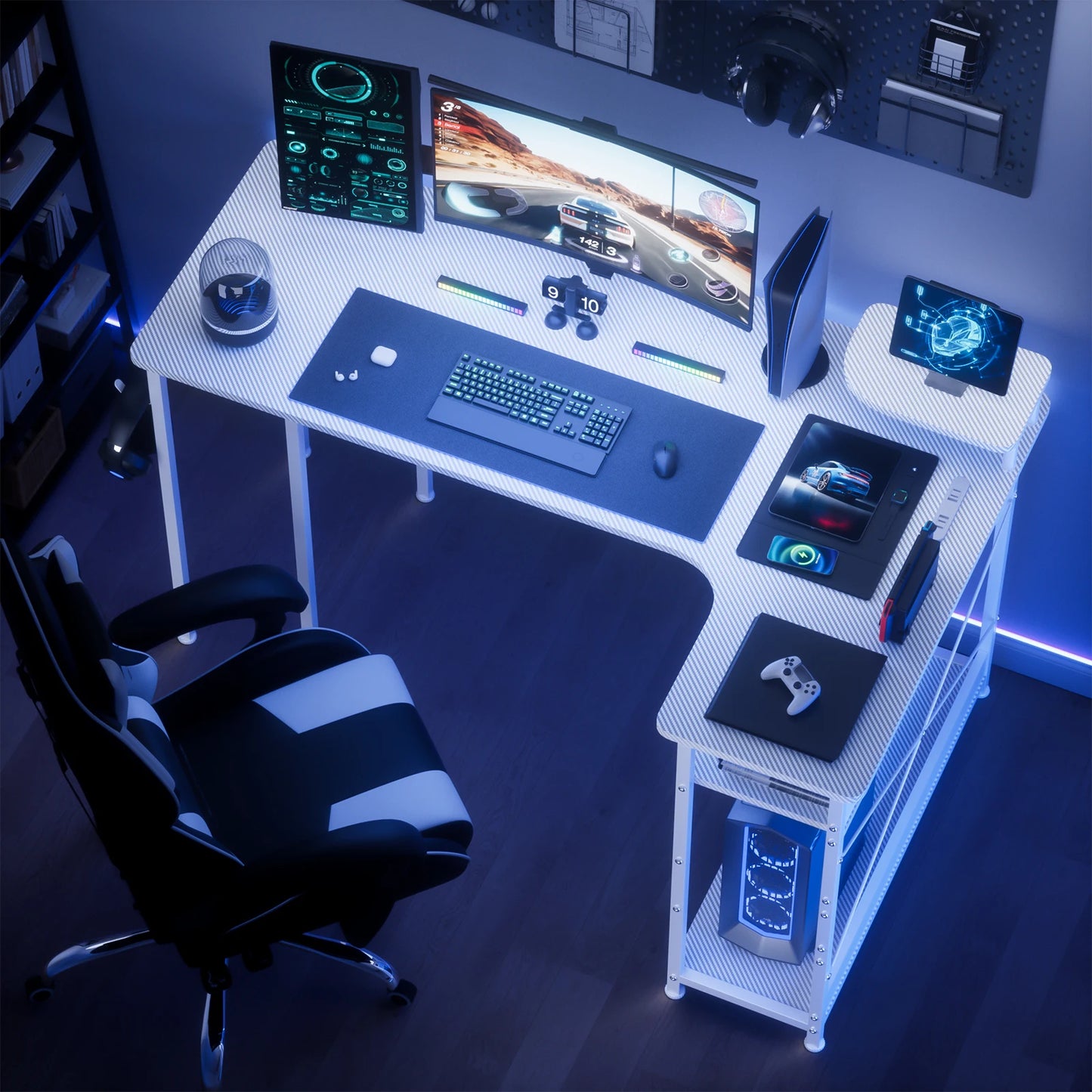 L-Shape Gaming Desk Carbon Fiber Computer Desk with Monitor Arm Storage