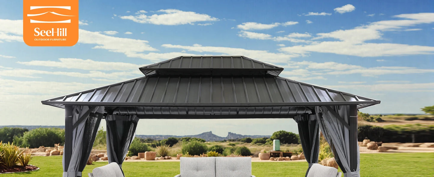 Ljustra 12x16 Outdoor Hardtop Gazebo Aluminum Frame with Netting Curtains