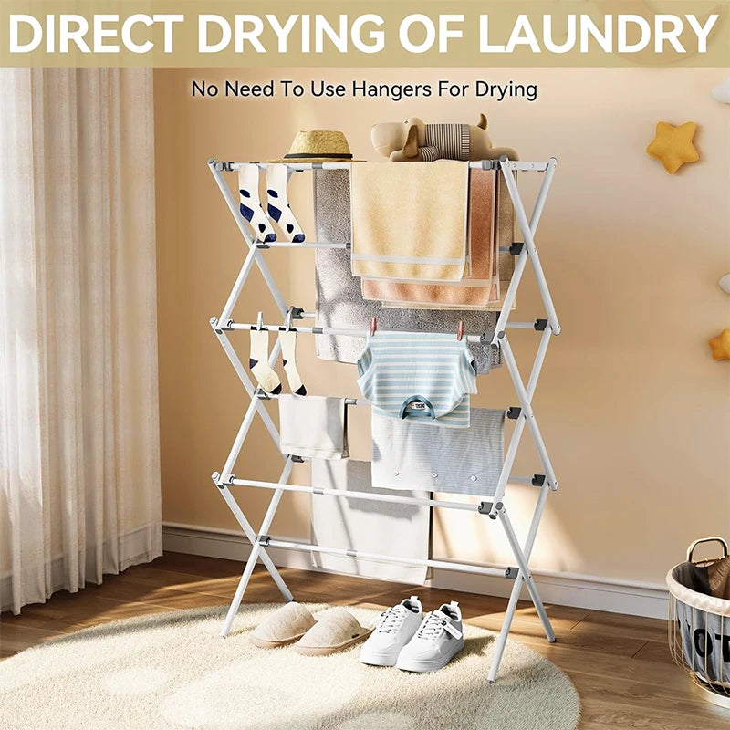 Foldable Floor-Standing Drying Rack Extendable Retractable Three Layers