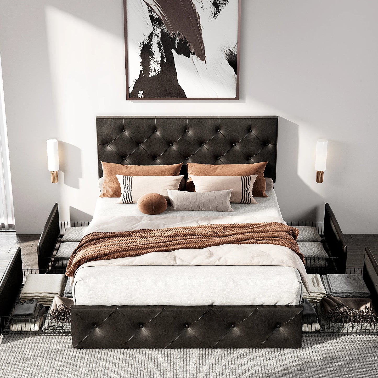 Ljustra Platform Storage Bed Frame 4 Drawers Adjustable Headboard Modern