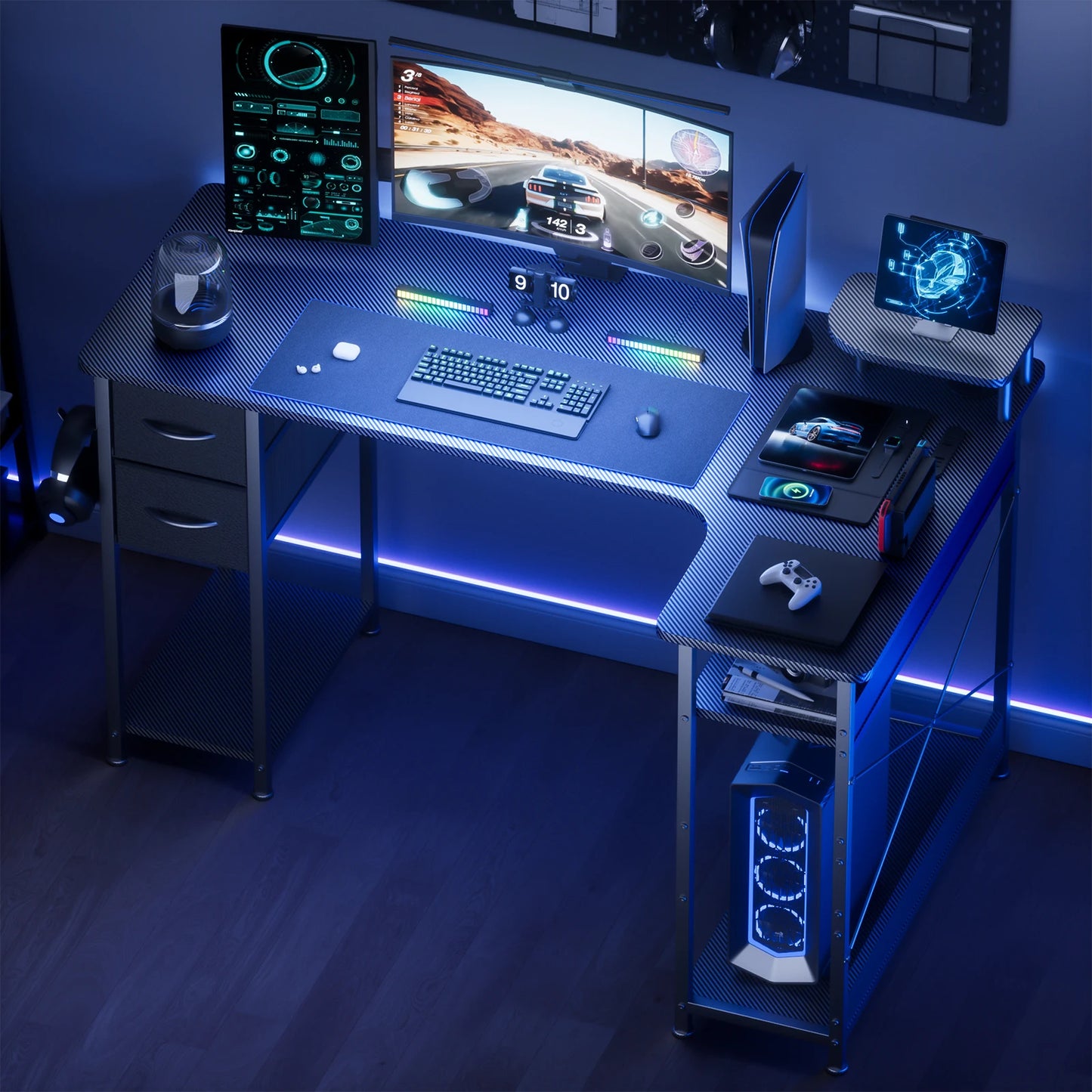 L-Shape Gaming Desk Carbon Fiber Computer Desk with Monitor Arm Storage