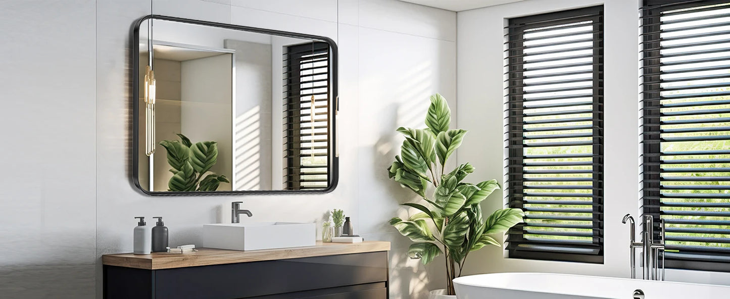 Matte Metal Framed Bathroom Mirror Rounded Corner Tempered Glass