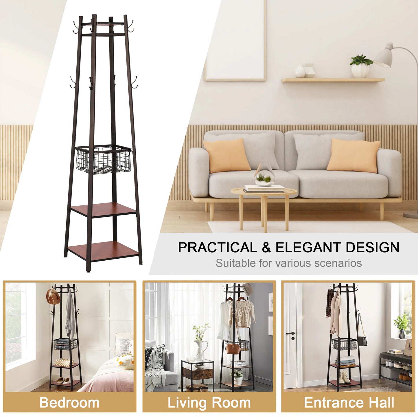 Ljustra Freestanding Coat Rack Stand with 8 Hooks for Living Room