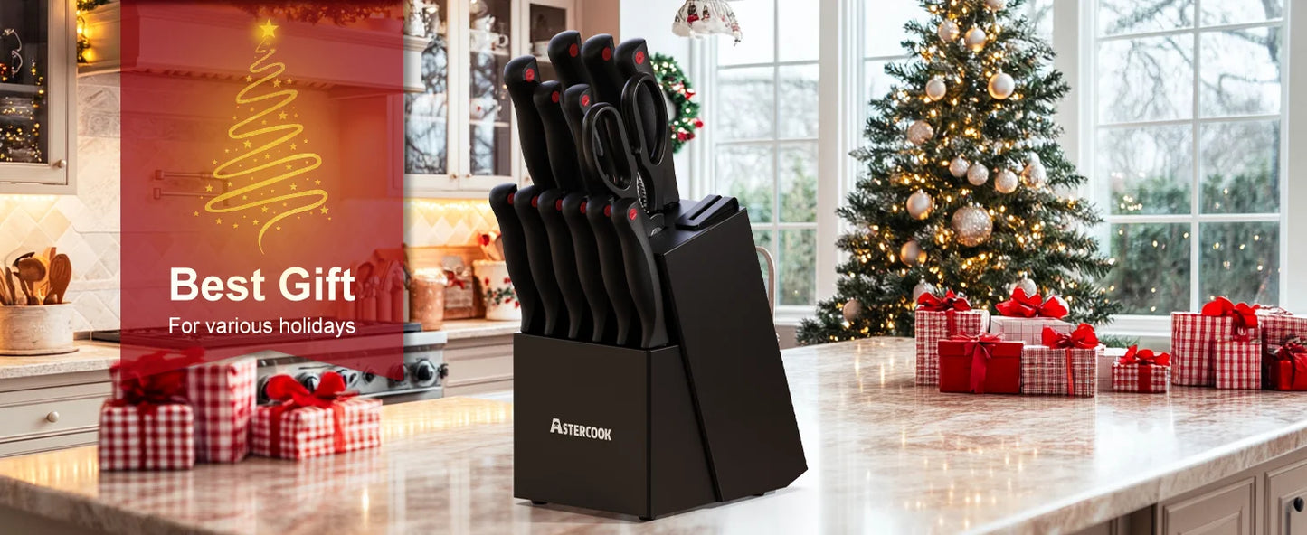 15PCS Knife Set with Sharpener Block German Stainless Steel Dishwasher Safe