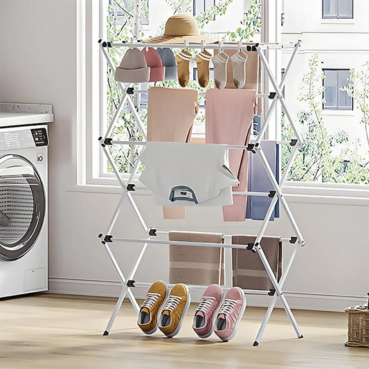 Foldable Floor-Standing Drying Rack Extendable Retractable Three Layers