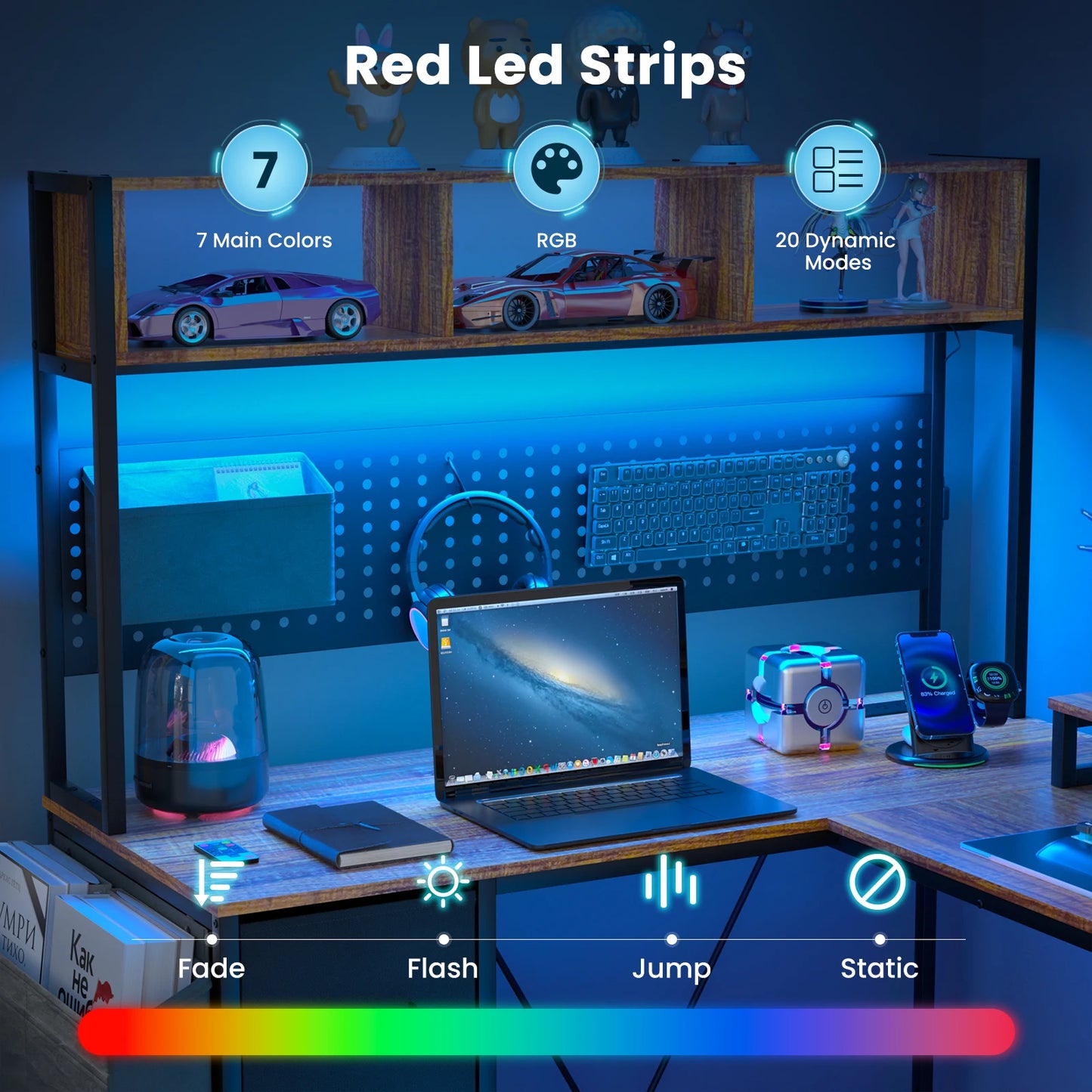 L Shaped Gaming Desk with Power Outlet and RGB LED Lights 67 Inch